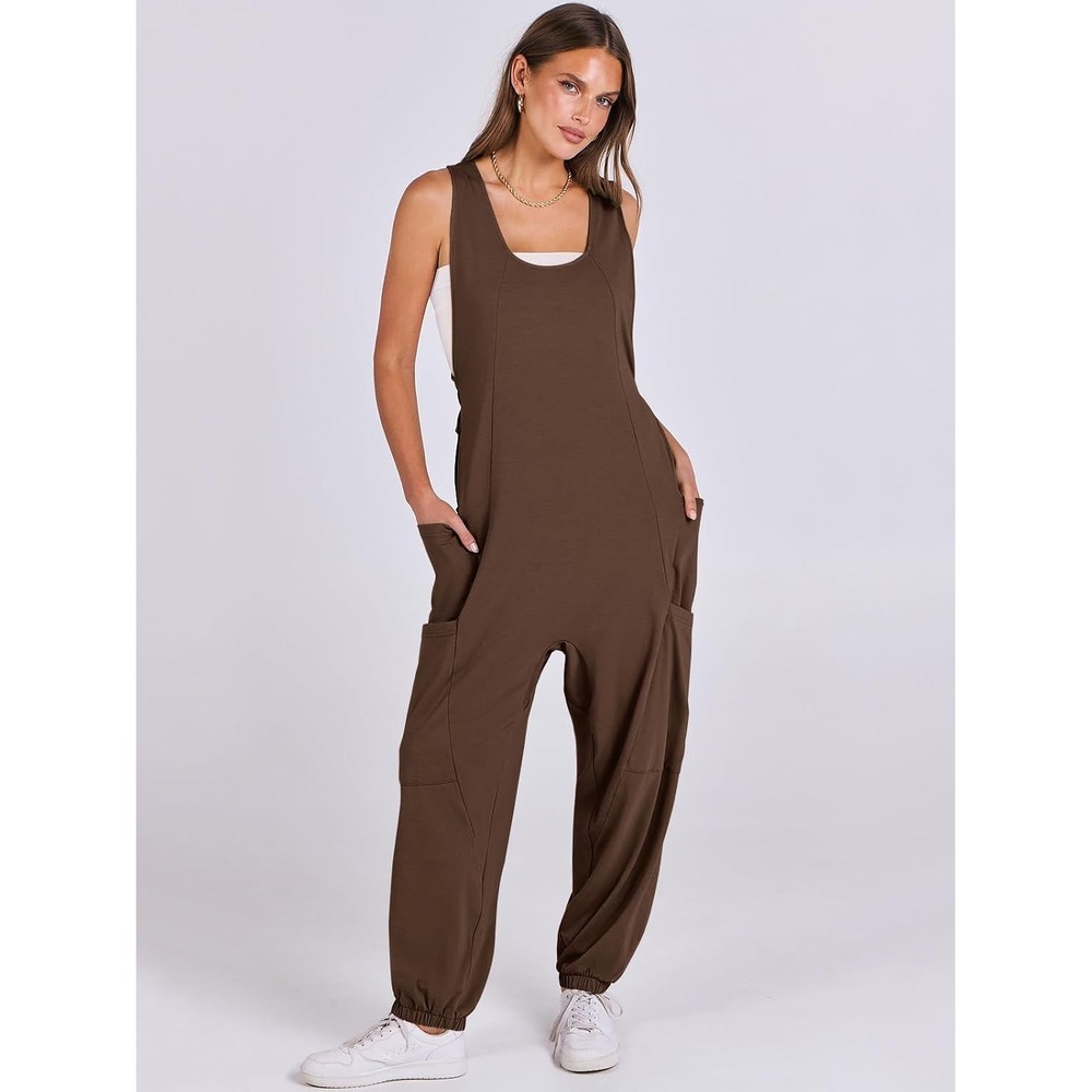 Anrabess Brown Sleeveless Cargo Pocket Jumpsuit XL Cross Back Jogger Hem Romper